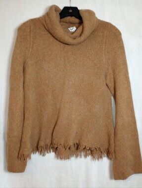 Anthropologie Wool Knit Cowl Neck Fringe Hem Cozy Sweater Akemi + Kin Turtleneck
